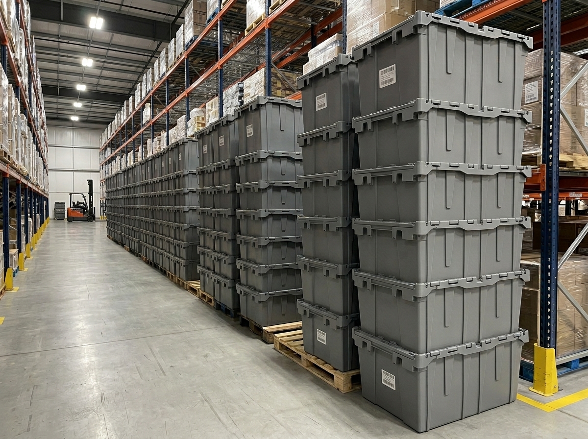 Stacks of Palmetto Tote Co. reusable moving totes in our Upstate warehouse